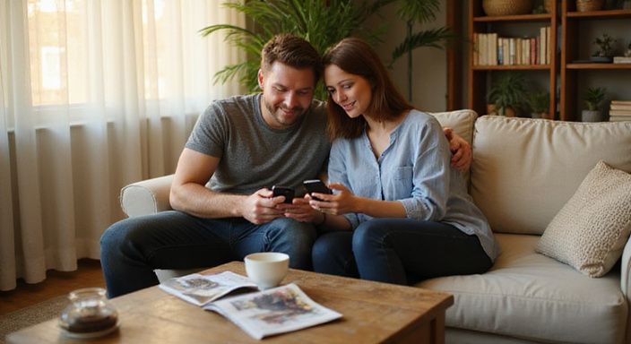 Ein Paar sitzt auf einem Sofa und nutzt Smartphones. Ein Paar sitzt auf einem Sofa und nutzt Smartphones.