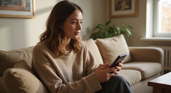 Eine Frau entspannt sich mit einem Smartphone in ihrem Wohnzimmer. Eine Frau entspannt sich mit einem Smartphone in ihrem Wohnzimmer.