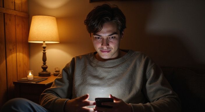 Eine Person in einem gemütlichen Raum nutzt ein Smartphone. Eine Person in einem gemütlichen Raum nutzt ein Smartphone.