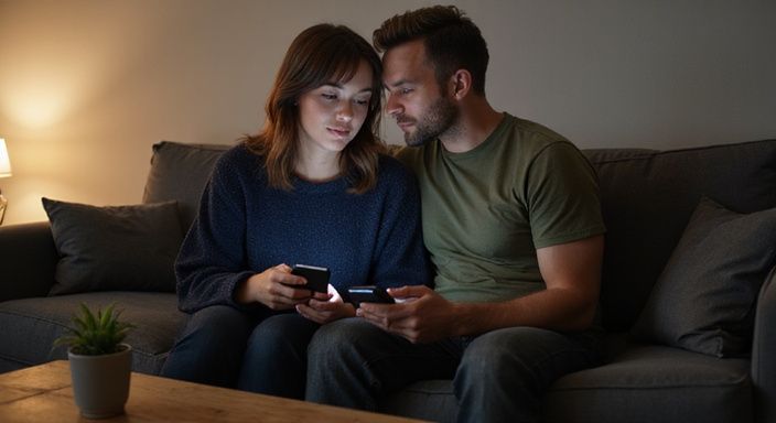 Ein Paar sitzt eng beieinander auf einem grauen Sofa und diskutiert. Ein Paar sitzt eng beieinander auf einem grauen Sofa und diskutiert über Flirt Kontakt und Sextreffen in Neuenburg.