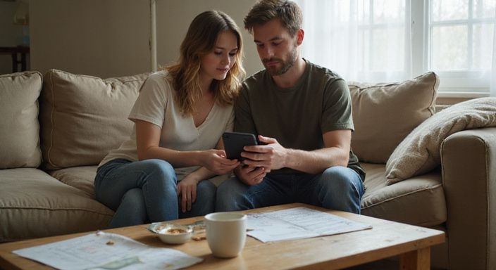 Ein Paar diskutiert konzentriert Pläne auf einem Sofa. Ein Paar diskutiert konzentriert Pläne auf einem Sofa.