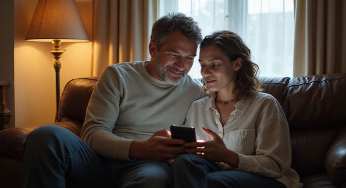 Ein Paar sitzt eng zusammen auf einer abgenutzten Ledercouch und wollen Flirt Kontakt und Sextreffen in Neuenburg.