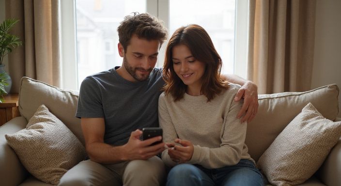 Ein Paar nutzt eine Dating-App auf einer gemütlichen Couch. Ein Paar nutzt eine Dating-App für Flirt Kontakt und Sextreffen in Neuenburg auf einer gemütlichen Couch.