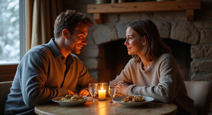 Ein Paar genießt eine intime Abendessen-Atmosphäre in einem Schweizer Chalet. Ein Paar genießt eine intime Abendessen-Atmosphäre in einem Schweizer Chalet.