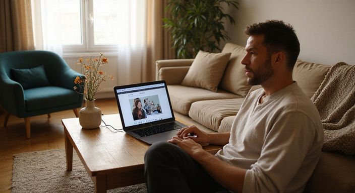 Eine gemütliche Wohnzimmer-Szene mit entspanntem Individuum und Laptop. Eine gemütliche Wohnzimmer-Szene mit entspanntem Individuum und Laptop.