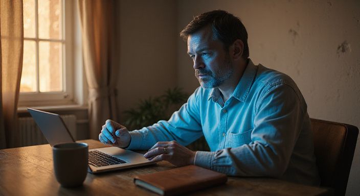 Ein nachdenklicher Mann sitzt an seinem Schreibtisch und blickt auf den Bildschirm. Ein nachdenklicher Mann sitzt an seinem Schreibtisch und blickt auf den Bildschirm.