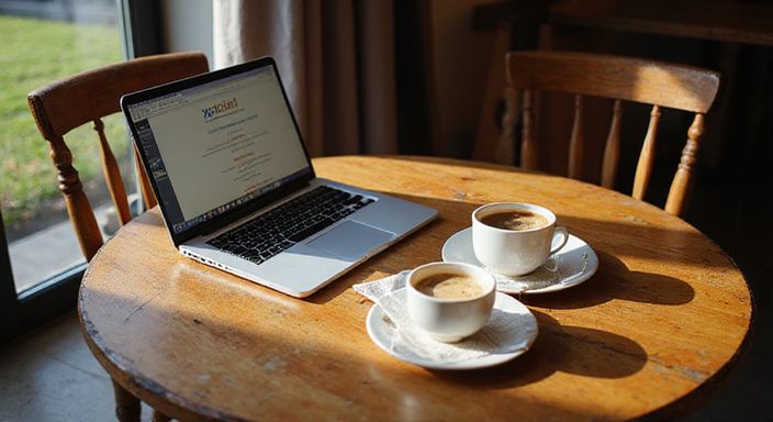 Ein gemütlicher Cafétisch mit Kaffee und einem offenen Laptop. Ein gemütlicher Cafétisch mit Kaffee und einem offenen Laptop.