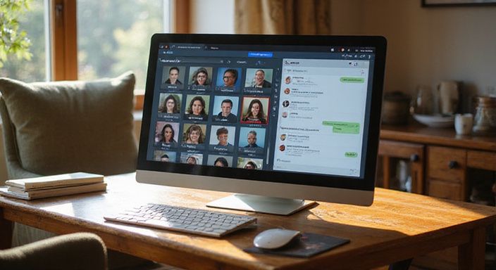 Ein eleganter Bildschirm mit Kontaktkategorien und einem offenen Chatfenster.