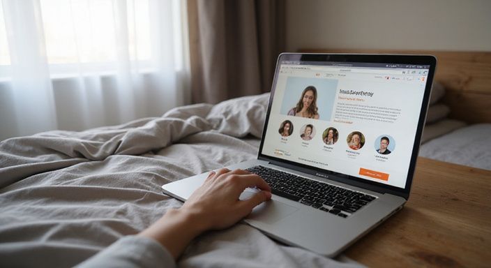 Ein ordentliches Schlafzimmer mit Laptop und Smartphone auf dem Nachttisch.