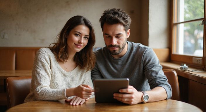 Ein Paar sitzt in einem Café und diskutiert konzentriert.