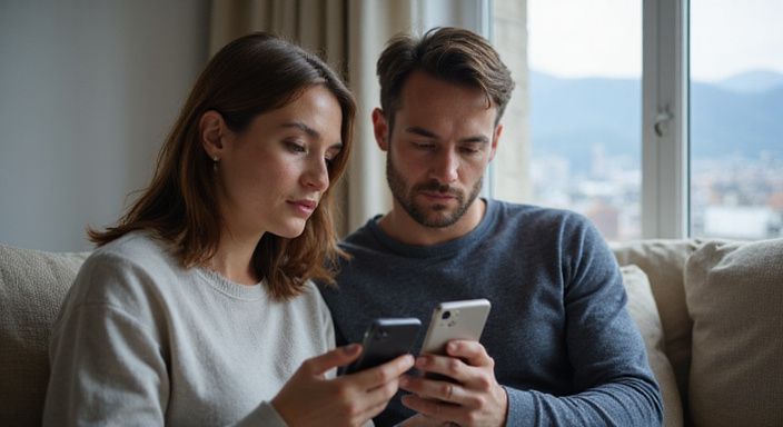Ein Paar sitzt entspannt auf einem Sofa und nutzt Smartphones.