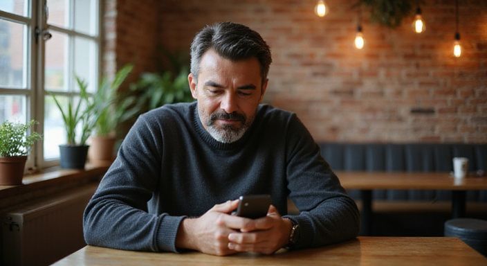 Ein mittelalter Mann sitzt allein in einem gemütlichen Café und suche Flirt Kontakt und Sextreffen in Schwyz .