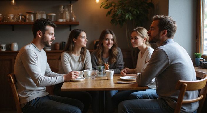 Fünf Freunde diskutieren entspannt über Flirt Kontakt und Sextreffen in Schwyz in einem Café.