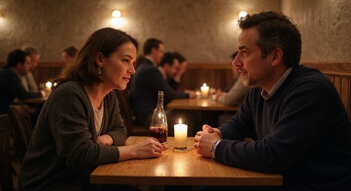 Intimes Abendessen bei Kerzenschein zwischen einem Mann und einer Frau.