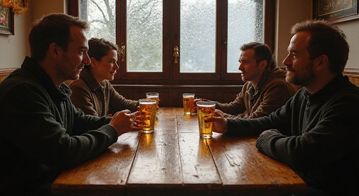 Ein traditionelles Barinterieur mit entspannter, geselliger Atmosphäre und Gästen.