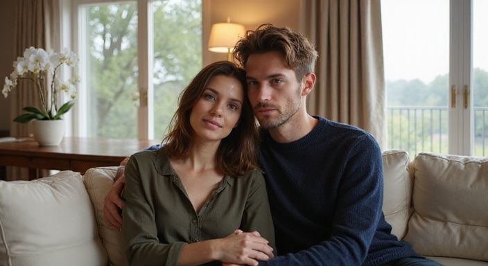 Ein Paar sitzt entspannt auf einem eleganten Sofa und verbindet sich.