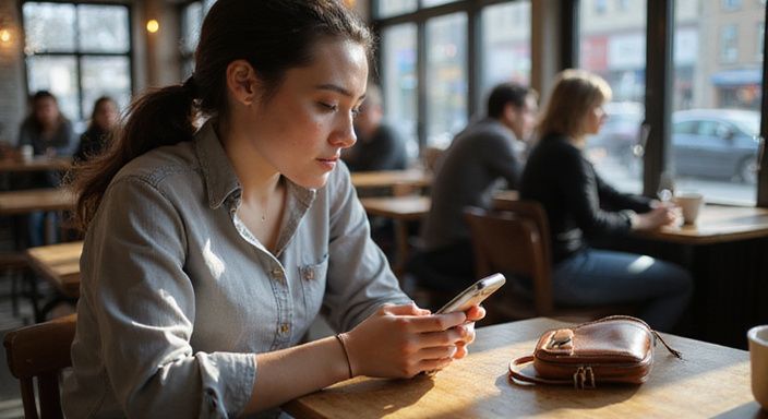 Junge Frau in Café, konzentriert auf Dating-App für Flirt Kontakt und Sextreffen in Schwyz auf Smartphone.