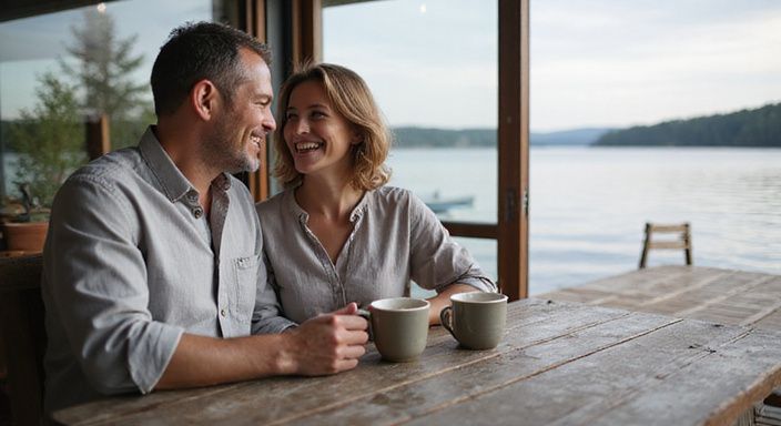 Ein Paar genießt Kaffee an einem rustikalen Tisch am Zugersee.