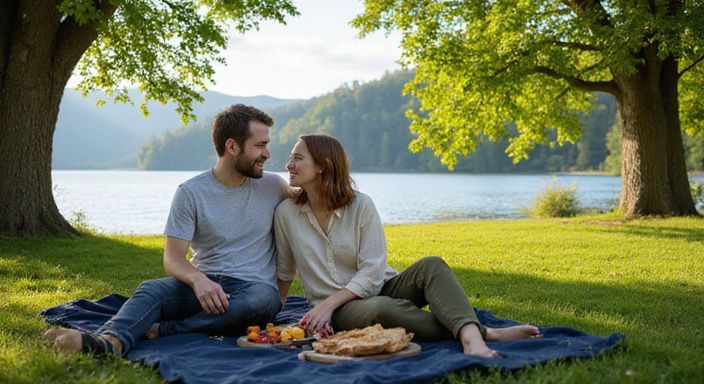 Ein Paar genießt ein entspanntes Picknick am Zugersee.