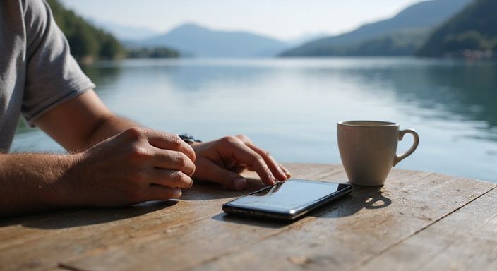 Ein Cafébesucher genießt eine Kaffeepause am Zugersee.