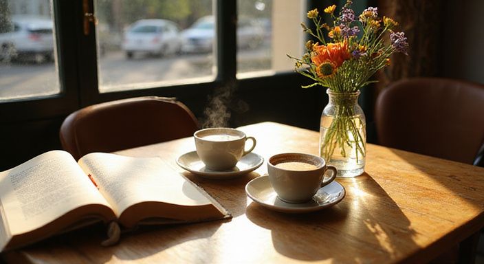 Einladende Café-Szene mit Kaffee, Blumen und einem offenen Buch.