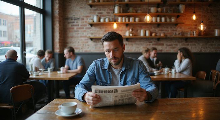 Eine Person liest nachdenklich in einem Café eine Zeitung.