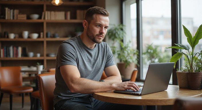 Ein Mann sitzt am Tisch und durchsucht Online-Dating-Profile für Flirt Kontakt und Sextreffen in Zug.