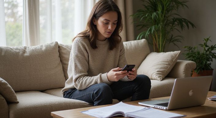 Eine Frau in entspannter Pose nutzt konzentriert ihr Smartphone und suche Flirt Kontakt und Sextreffen in Zug.
