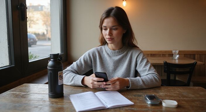Eine Frau plant sicherheitsbewusst mit Smartphone und Ausrüstung am Tisch.