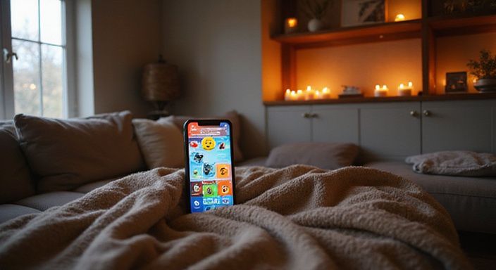 Ein Smartphone zeigt eine Dating-App neben einem gemütlichen Wohnzimmer.