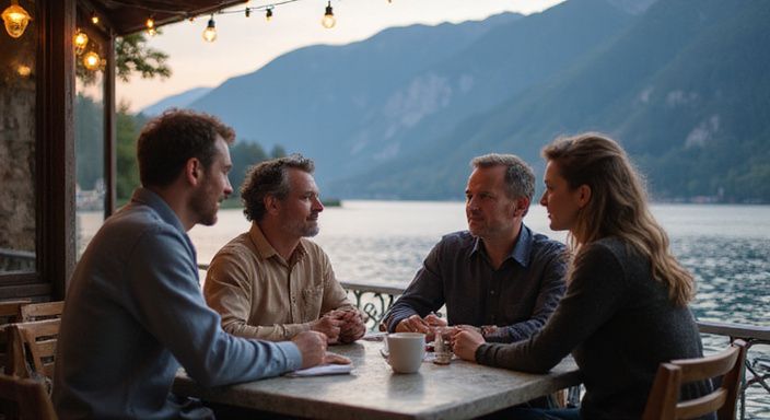 Eine Gruppe erwachsener Personen unterhält sich entspannt an einem Cafétisch.