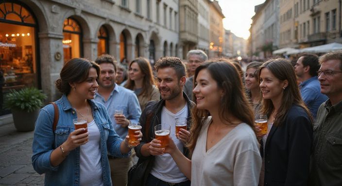 Eine freundliche Gruppe von Erwachsenen genießt Gespräche und Getränke.