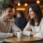Zwei Erwachsene genießen ein Gespräch in einem belebten Café