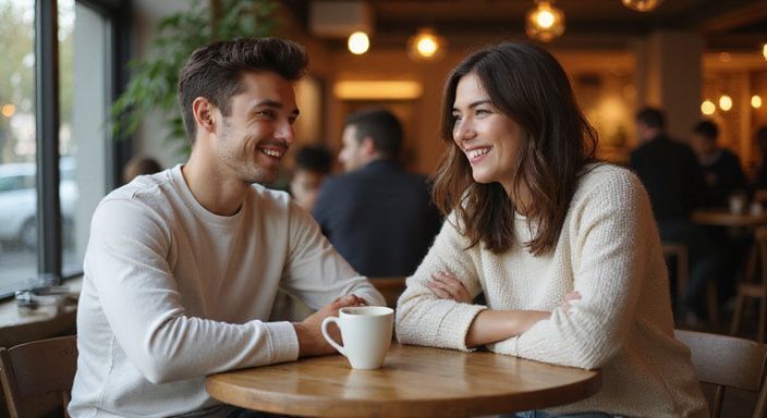 Zwei Erwachsene genießen ein Gespräch in einem belebten Café.