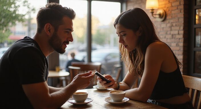 Zwei Personen in einem Café zeigen eine subtile Verbindung und Erwartung. Zwei Personen in einem Café zeigen eine subtile Verbindung und Erwartung.