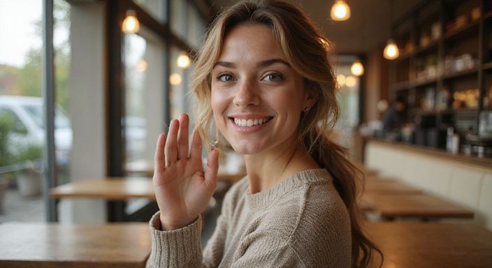 Eine lächelnde Frau in einem Café, entspannt und natürlich. Eine lächelnde Frau in einem Café, entspannt und natürlich wollen heimlich flirten.