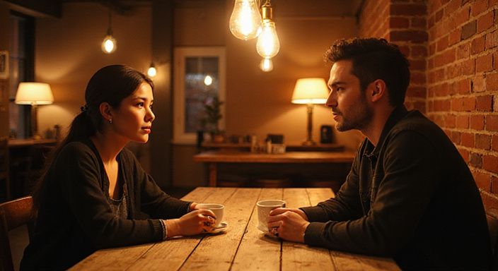 Zwei Personen in einem Café unterhalten sich entspannt bei Kaffee. Zwei Personen in einem Café unterhalten sich entspannt bei Kaffee.