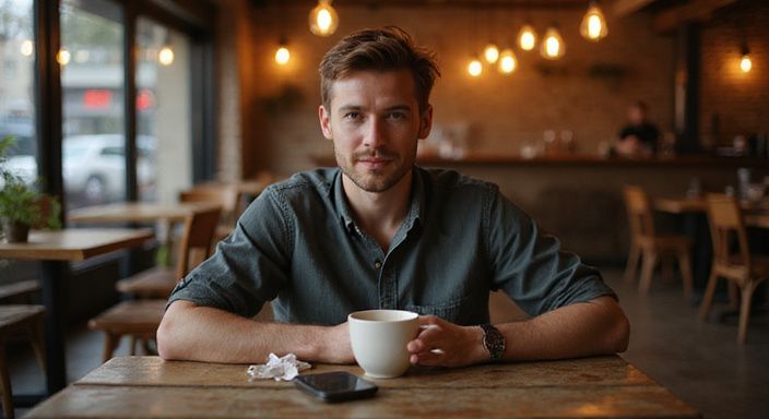 Ein Mann lächelt entspannt in einem Café bei einem Gespräch. Ein Mann lächelt entspannt in einem Café bei einem Gespräch über heimlich flirten.