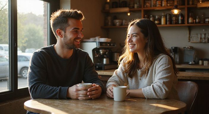 Zwei junge Erwachsene genießen ein intimes Gespräch in einem Café. Zwei junge Erwachsene genießen ein intimes Gespräch in einem Café.