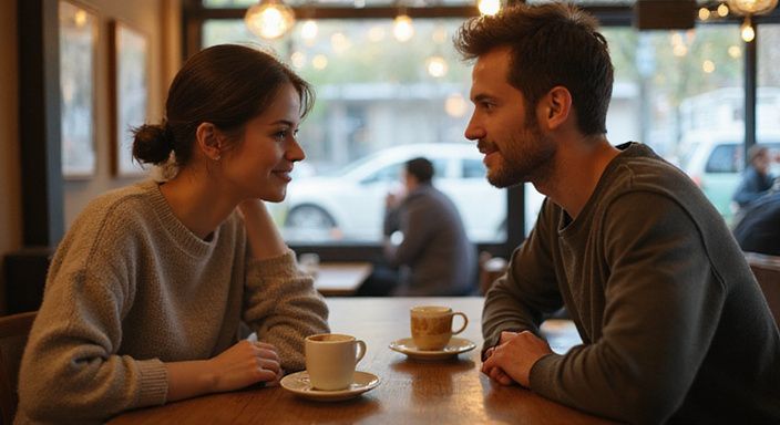 Zwei Personen teilen einen intimen Moment in einem Café und wollen heimlich flirten