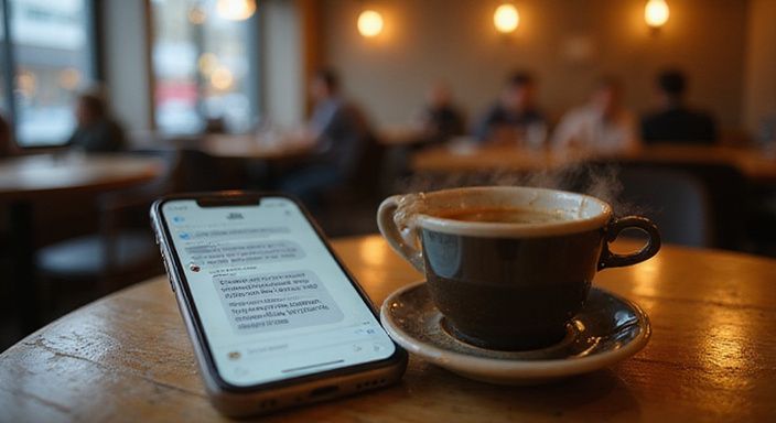 Ein Smartphone und eine Kaffeetasse auf einem abgenutzten Holztisch. Ein Smartphone und eine Kaffeetasse auf einem abgenutzten Holztisch.