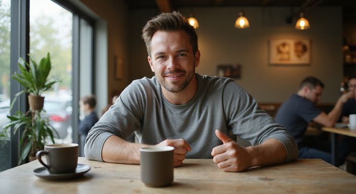 Ein Mann in einem Café zeigt ein warmes, freundliches Lächeln. Ein Mann in einem Café zeigt ein warmes, freundliches Lächeln.