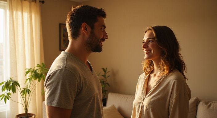 Zwei Personen in einem lebhaften Gespräch in einem gemütlichen Wohnzimmer. Zwei Personen in einem lebhaften Gespräch in einem gemütlichen Wohnzimmer.