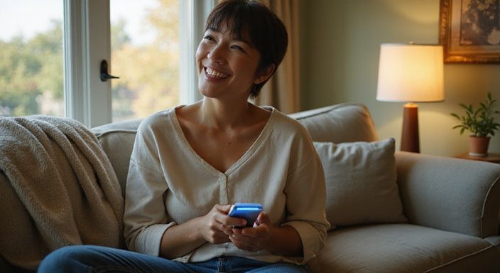 Eine lächelnde Frau sitzt entspannt auf einem Sofa mit ihrem Smartphone. Eine lächelnde Frau sitzt entspannt auf einem Sofa mit ihrem Smartphone.