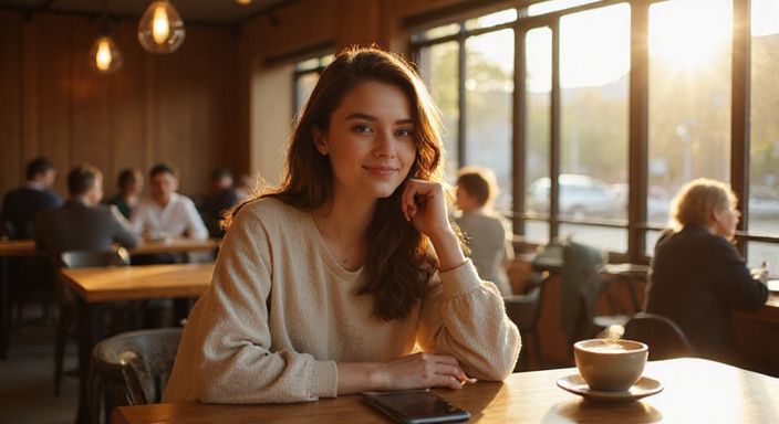 Eine entspannte Frau in einem Café genießt ihren Kaffee. Eine entspannte Frau in einem Café genießt ihren Kaffee.