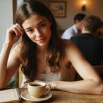 Eine Frau in einem Café mit Notizbuch und Smartphone