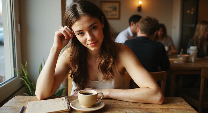 Eine Frau in einem Café mit Notizbuch und Smartphone