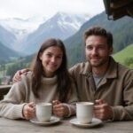 Ein Paar genießt warme Getränke auf einer alpinen Terrasse