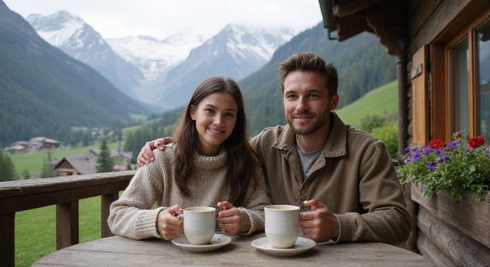 Ein Paar genießt warme Getränke auf einer alpinen Terrasse.