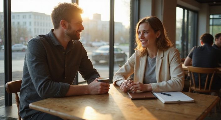Ein Paar in einem Café führt ein entspanntes Gespräch über Dating Schweiz.